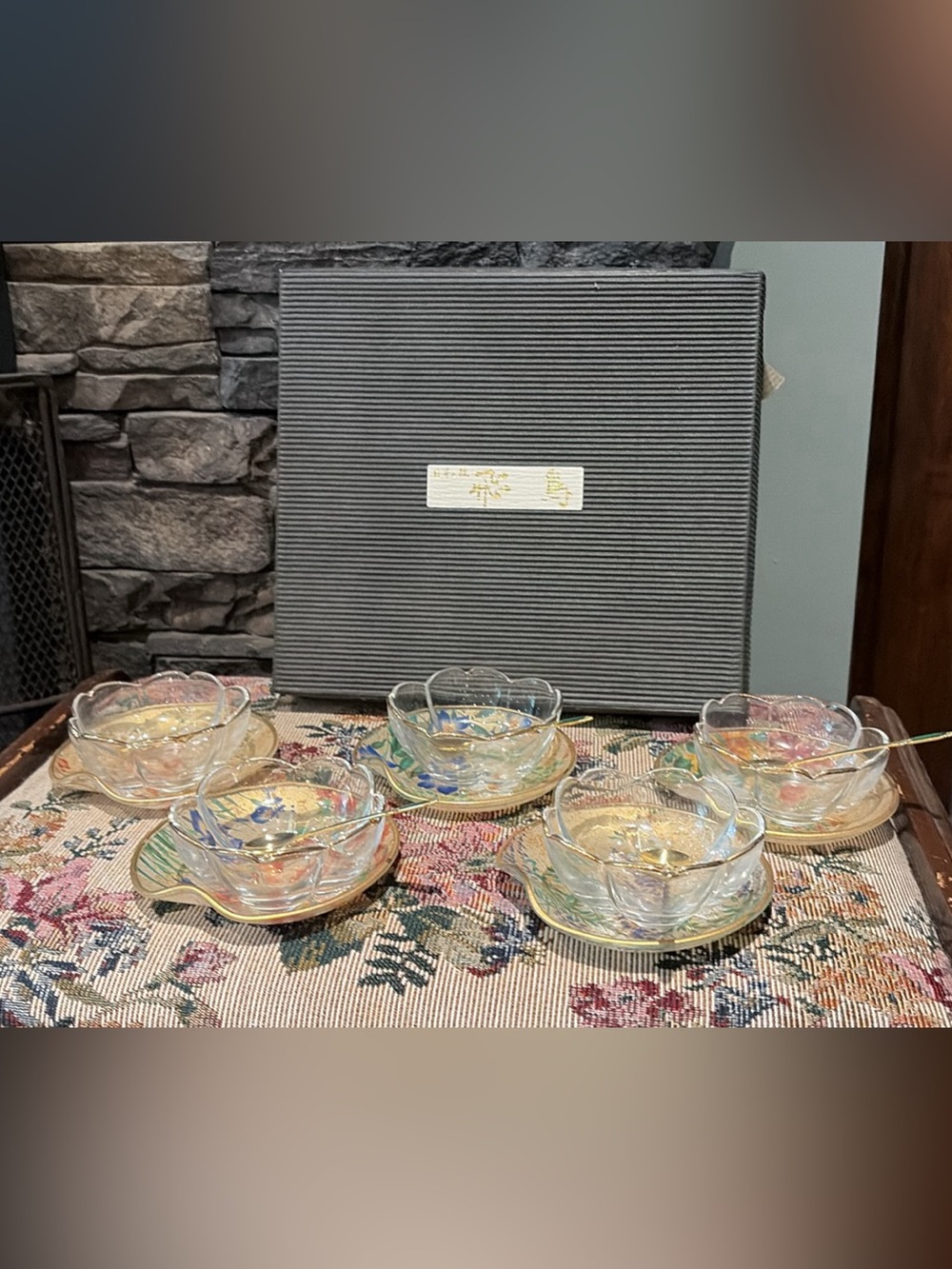 Vintage Japanese 5-Piece Glass Dessert Set with Box